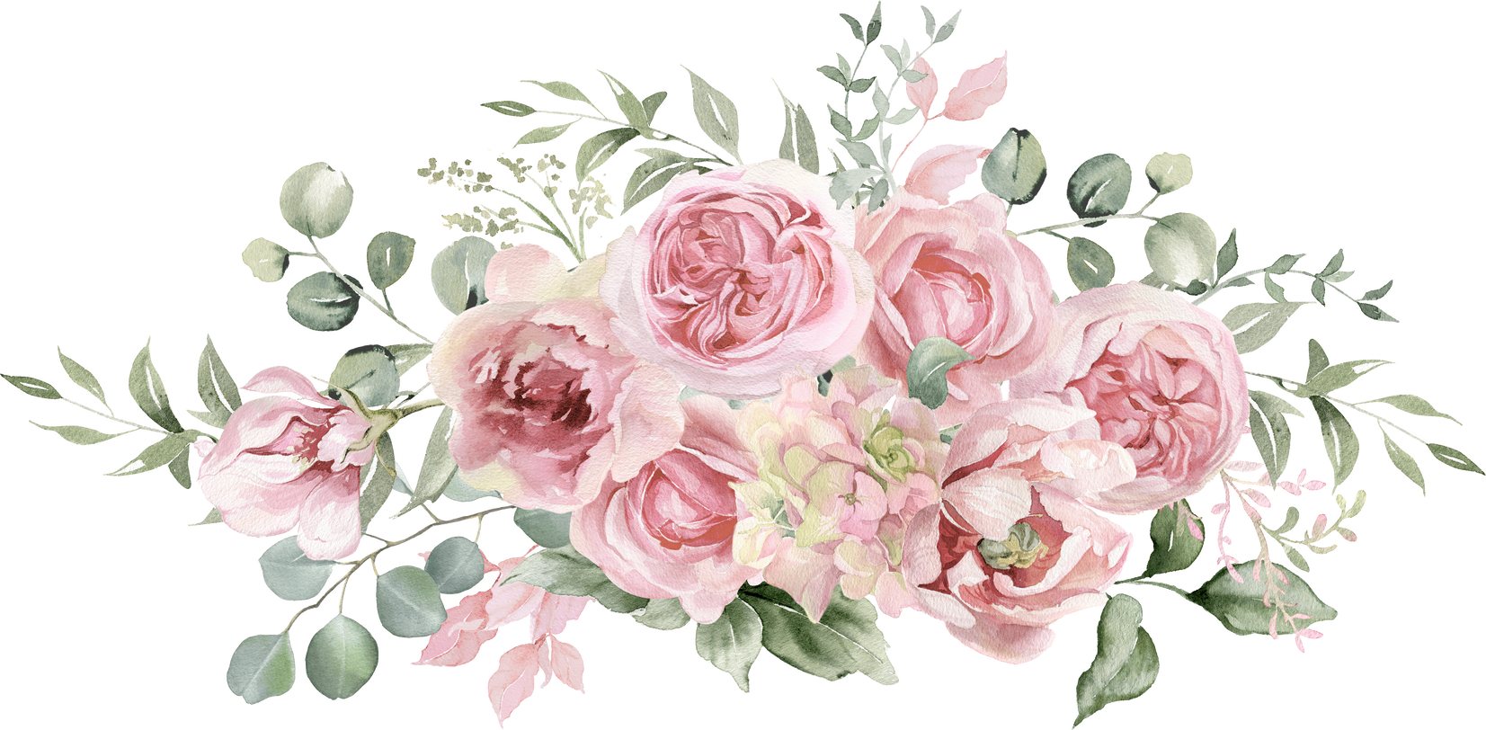 Pink rose flowers and eucalyptus greenery bouquet